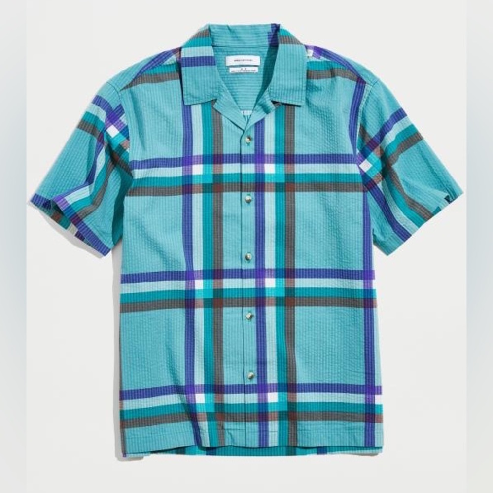 UO Madras Grid Seersucker Button Up Shirt Blue